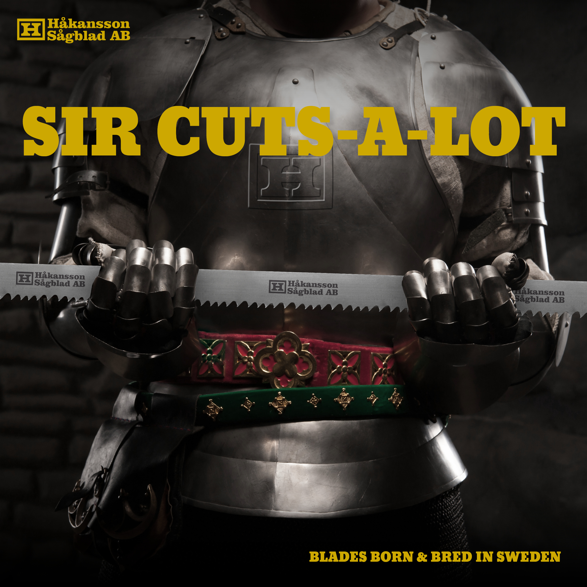 Advert SIR CUTS-A-LOT, knight in armour with sawblade