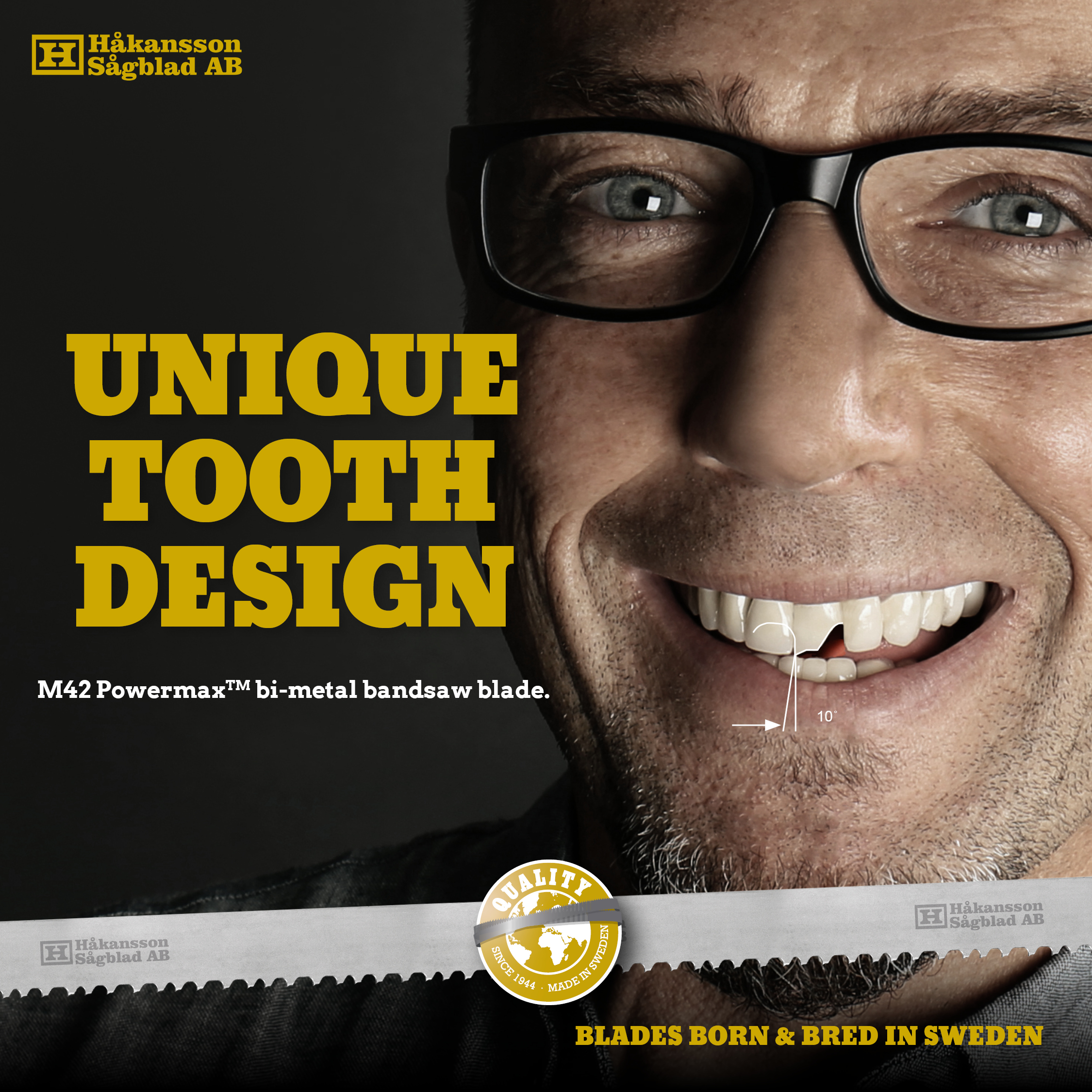 Advert UNIQUE TOOTH DESIGN, person smiling with corner missing of one tooth