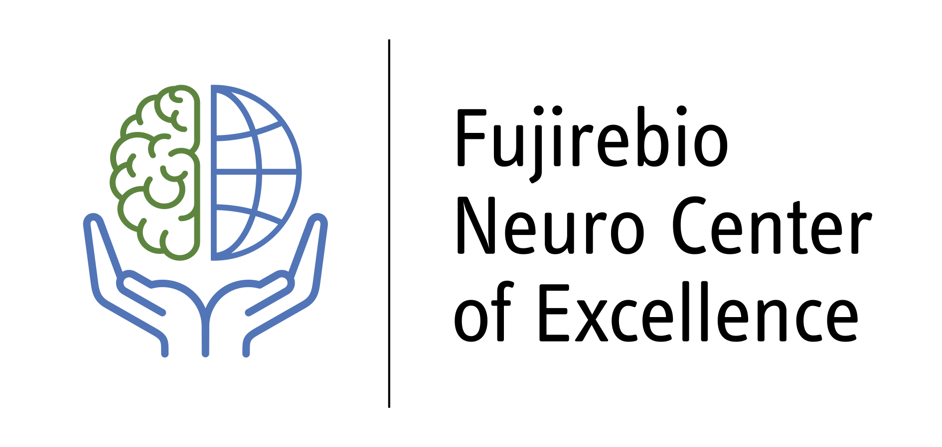 Final Brand image Fujirebio Neuro Center of Excellence. Hands holding a sphere, half brain, half globe.